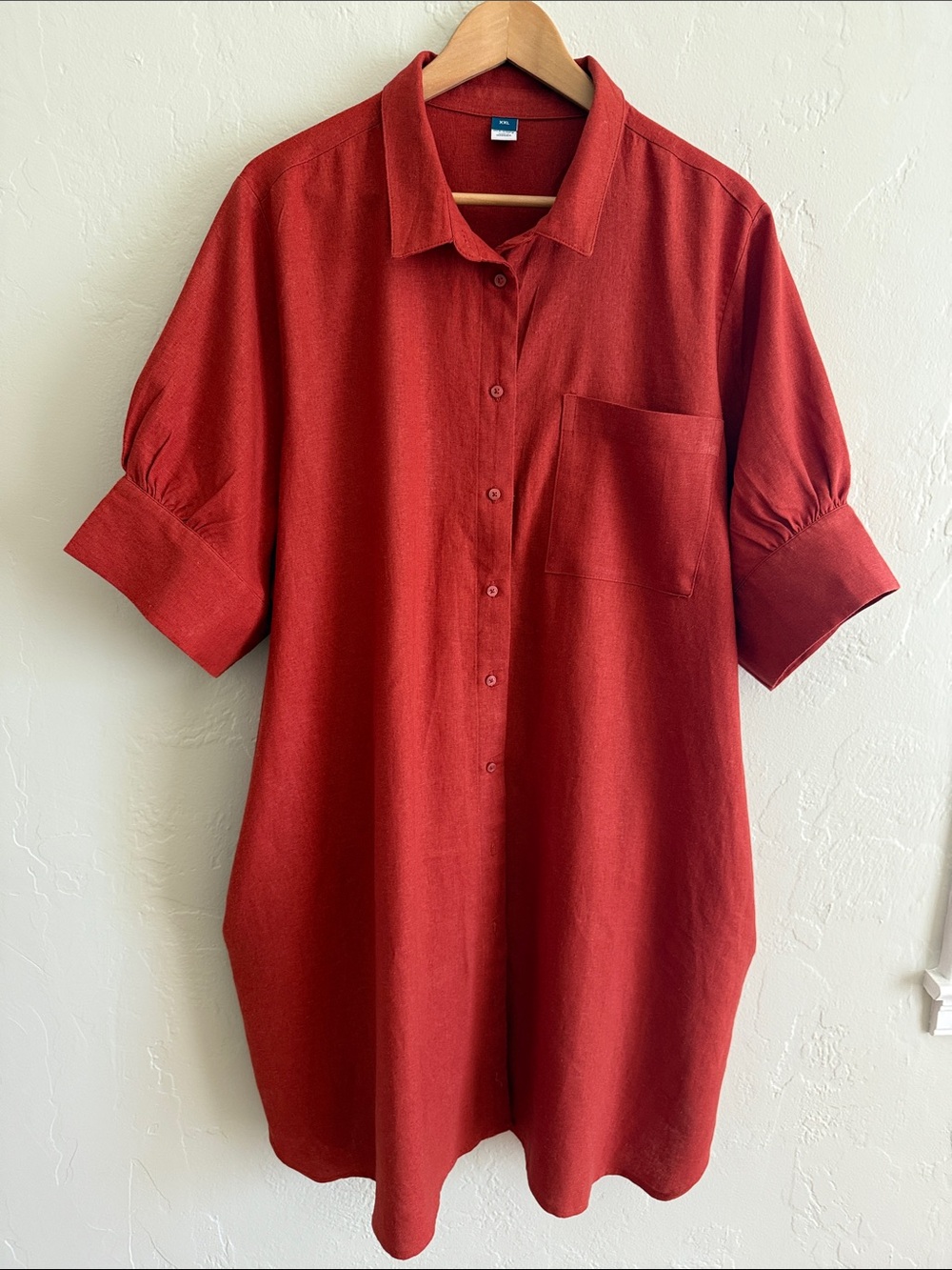 Old Navy Linen Blend Brick Red Short-Sleeve Button-Down Midi Dress Puff Sleeves